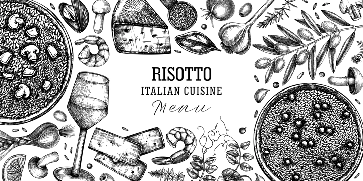 Italian food and drinks vector background. Hand drawn risotto frame. Mediterranean cuisine ingredients - olives, cheese, mushrooms, pea, rice illustrations. Restaurant menu modern design template.